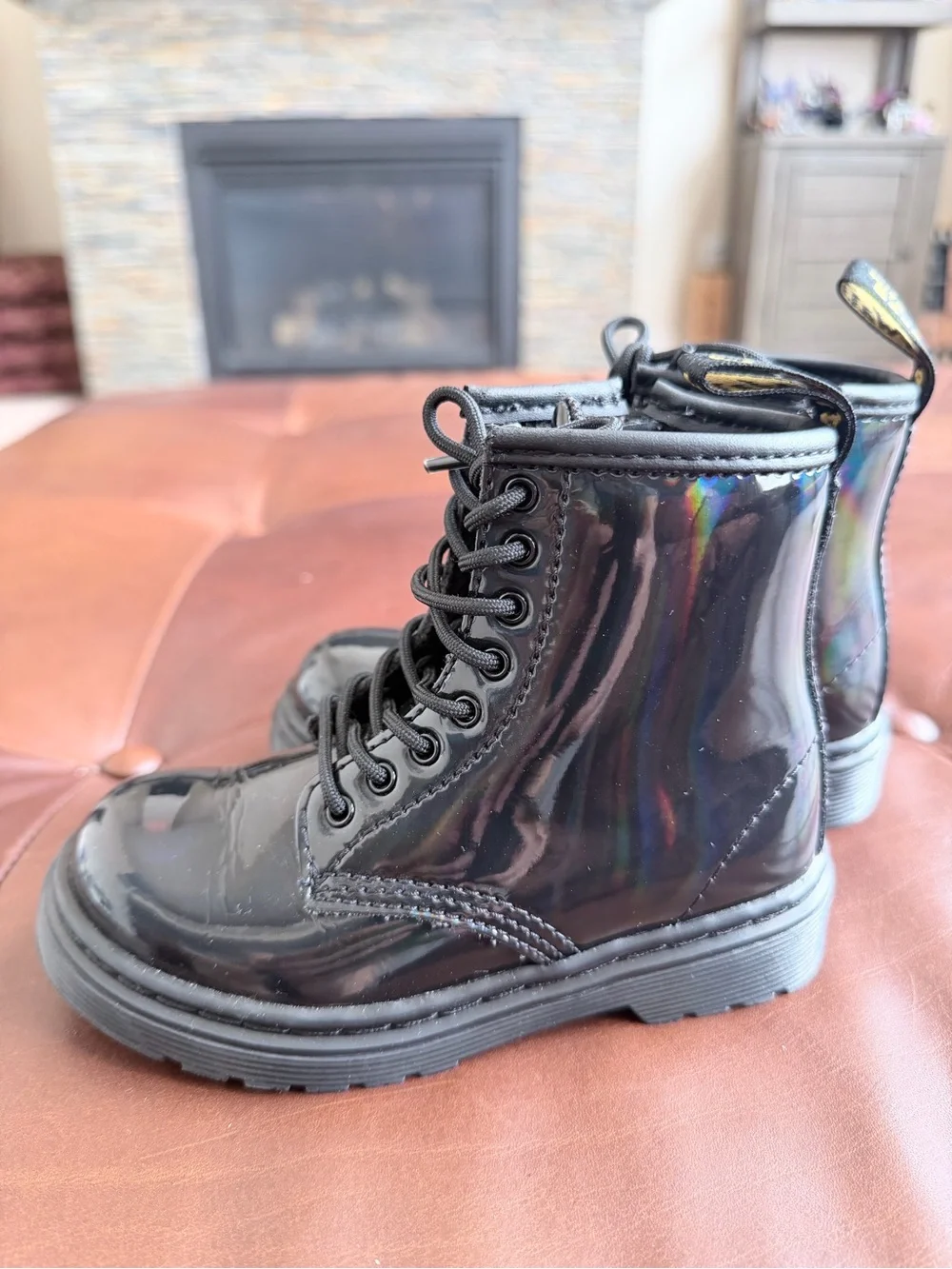 Doc Martens Black Patent Combat Boots with Back Loop